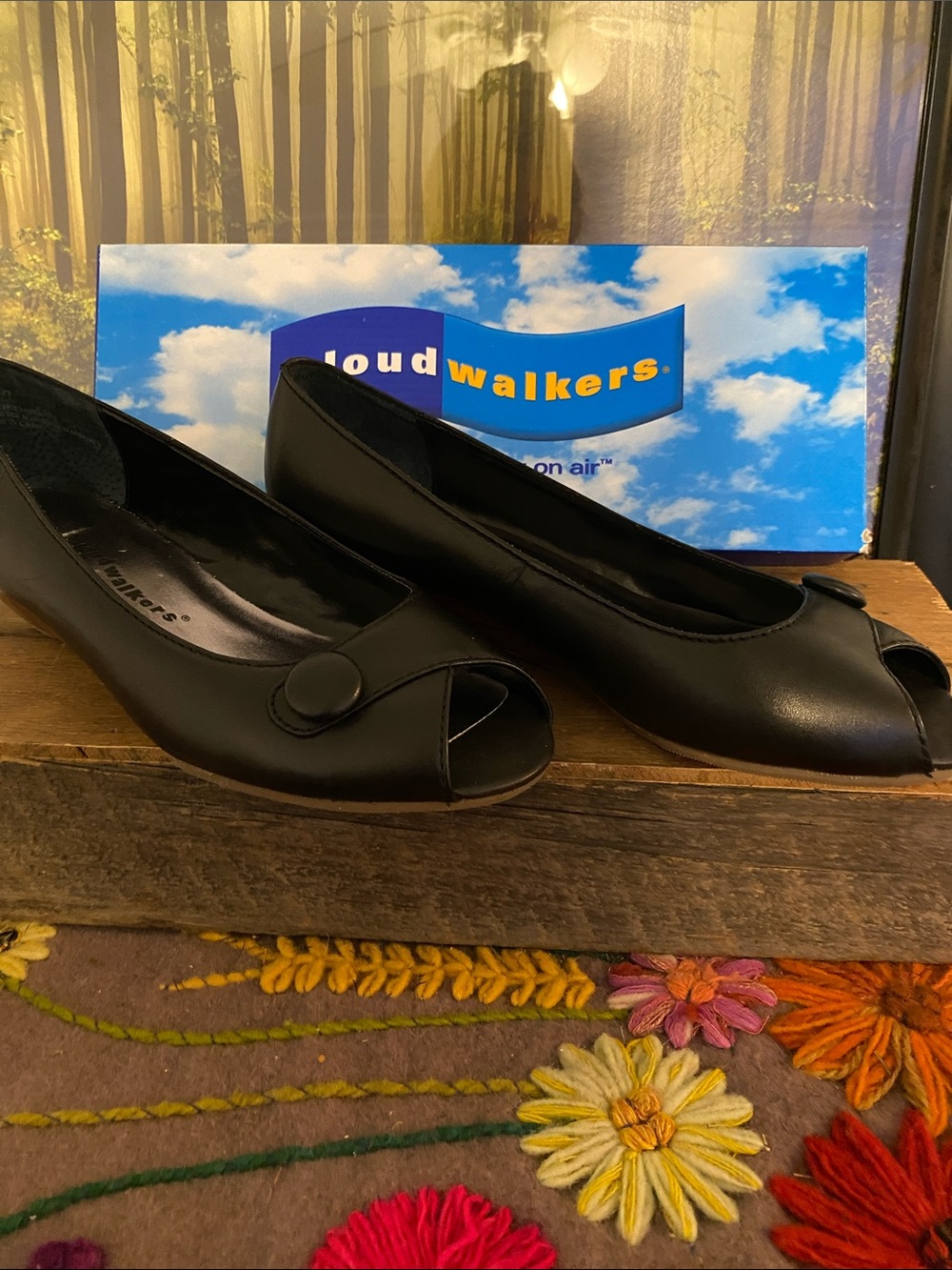 cloudwalkers Black Peep-Toe Flats with Button Accent
